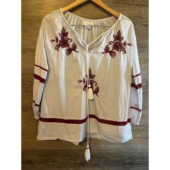 Velvet by Graham & Spencer Anthropologie Embroidered Striped Peasant Top Sz M - Picture 15 of 15